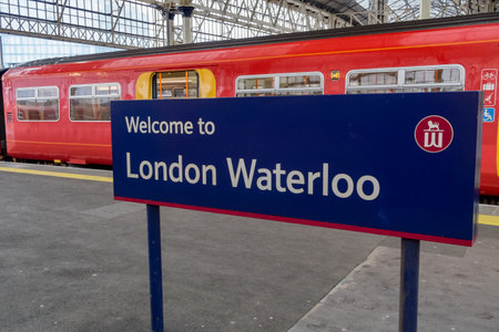 London, England - February 26 2018: Welcome To Waterloo sign at Waterloo Rail Station, Londonのeditorial素材