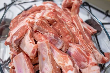 Close up of pile of raw pork ribsの写真素材