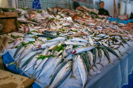 Traditional fish and seafood street market in Sicily, Italyの写真素材