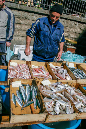 Sicily, Italy - April 05 2007: Traditional fish and seafood street market in Sicily, Italyのeditorial素材