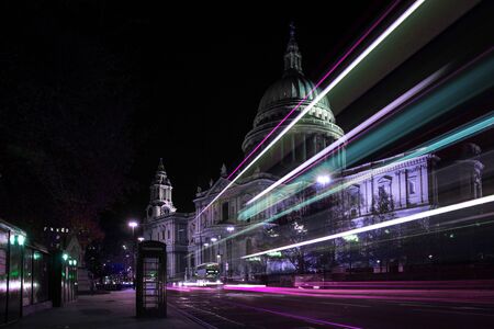 St Pauls Cathedral at night with light streaks illuminating the foreground. Cyberpunk coloursの素材 [FY310143928190]