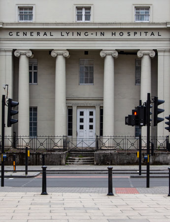 London, England -July 24 2020: The General Lying-In Hospital. Opened in 1767, it was one of the first maternity hospitals in the UK. Lying-In is an old-fashioned term for childbirth.のeditorial素材