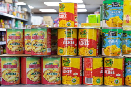 London, England - September 11 2021: Variety of tinned ackee on sale in a shop in Londonのeditorial素材