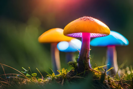 Bright, vibrant, colorful, bioluminescent mushrooms in a magical, fantasy forest setting. Generative AI.の素材