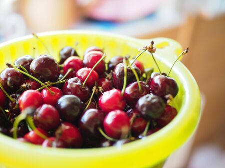 large bowl with ripe cherries summer treatの写真素材
