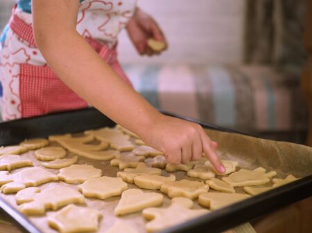 a child at home cuts out cookie cuttersの写真素材