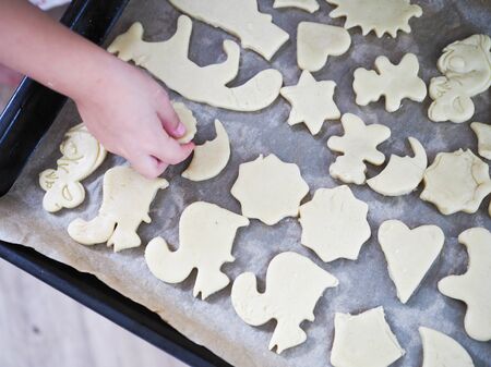 a child at home cuts out cookie cuttersの写真素材