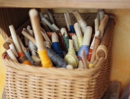 wound multicolored thread for needlework in eco-friendly natural styleの写真素材