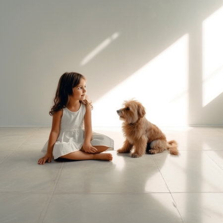 a little girl on the floor with a dog at home on a light background minimalism photo. AIの素材