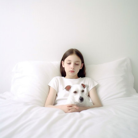 sad girl lies in a white bed with a dog. illness. AIの素材