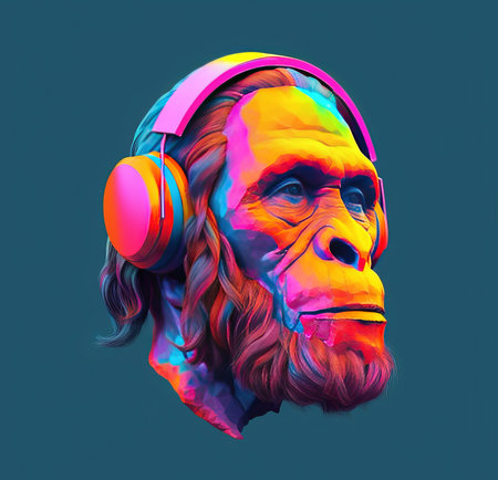 portrait of a primitive man with headphones. High quality photoの素材