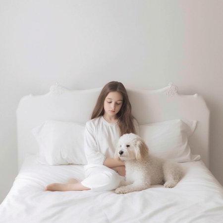 A young girl sits on a bed with a dog.AI. High quality photoの素材