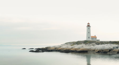 A lighthouse in a body of water with a blue sky in the background. High quality photoの素材