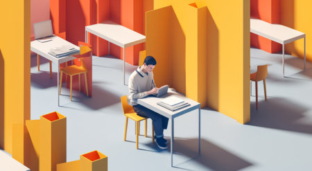 A man sits at a desk in a classroom . High quality photoの素材