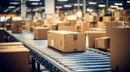 Packages delivery, packaging service and parcels, cardboard boxes on conveyor belt in warehouse, transportation system concept image. High quality photoの素材
