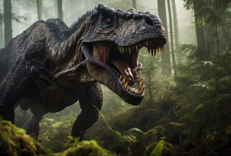 scary dinosaur standing in forest. High quality photoの素材