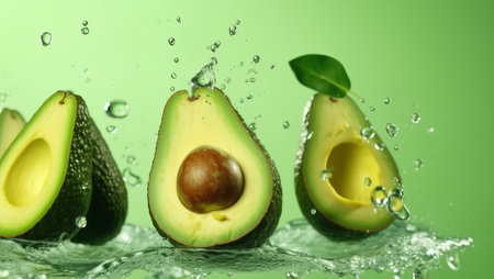 Fresh avocado cut into slices with water drops splash flying in the air and levitate on a mint green background. High quality photoの素材