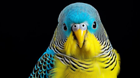 portrait of a cute budgie on a black backgroundの素材