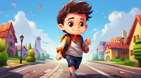 cute boy goes to school with a backpack, cartoon. illustrationの素材