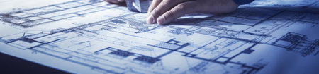 Persons engineer Hand Drawing Plan On Blue Print. High quality photoの素材