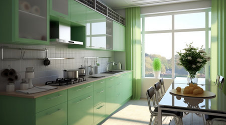 Modern kitchen interior with green decoration. High quality photoの素材