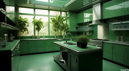 Modern kitchen interior with green decoration. High quality photoの素材