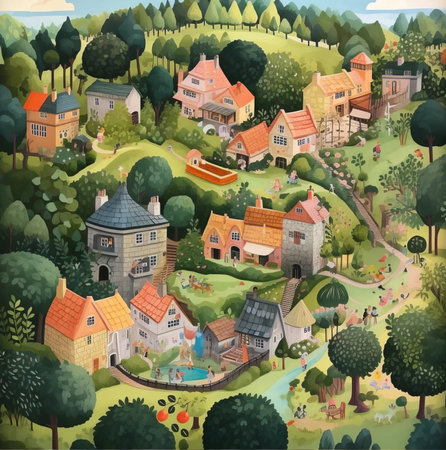 Natural landscape illustration, trees, forest, mountains, flowers, plants, houses. cute landscape of nature. illustration.の素材