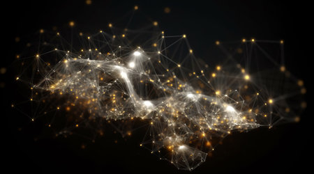 The concept of network connectivity. Virtual reality illustration, fiber optic connection and telecommunications. Abstract background with moving lines and 3d rendering dots.の素材