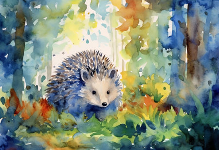 Watercolor illustration of a Hedgehog painting for children nursery room.の素材