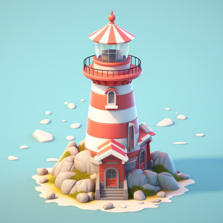 Isometric lighthouse. Island with tower and house, trees a at sea a isometric illustration.の素材