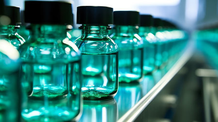 Laboratory with glass medical ampoule and vials. Neon lights in the background. Virus vaccination. High quality photoの素材