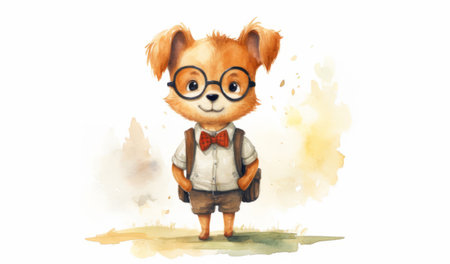 Cute funny dog cartoon character running to school with backpack, flat illustrationの素材