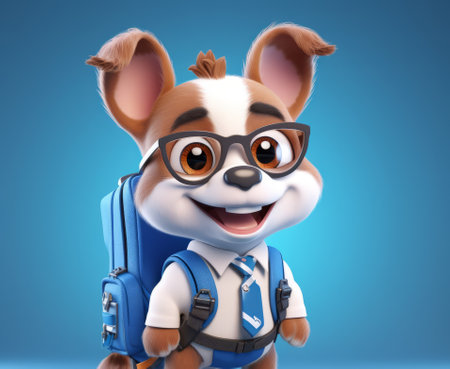 Cute funny dog cartoon character running to school with backpack, flat illustrationの素材