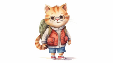 Cute funny cat or kitten cartoon character running to school with backpack, flat illustrationの素材