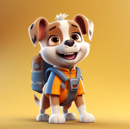Cute funny dog cartoon character running to school with backpack, flat illustrationの素材