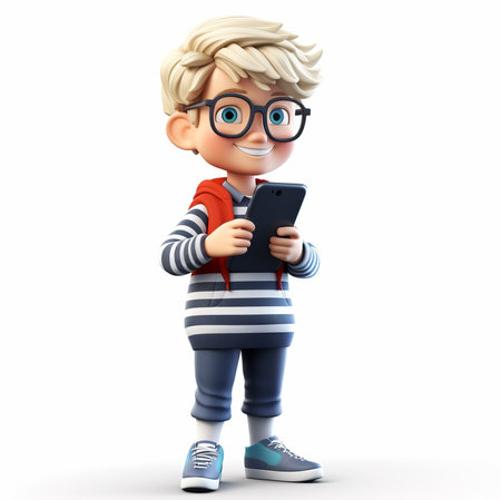 a young man smiles with glasses and blonde hair looks at the phone. hipster, isolated, 3d mascot. illustrationの素材