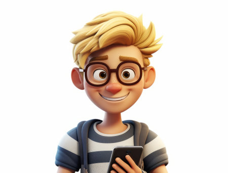 a young man smiles with glasses and blonde hair looks at the phone. hipster, isolated, 3d mascot. illustrationの素材
