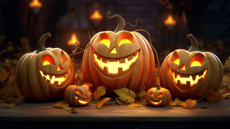 A Halloween Scene With candles, carving boo Pumpkins illustration. High quality photoの素材