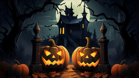 A Halloween Scene With candles, carving boo Pumpkins illustration. High quality photoの素材