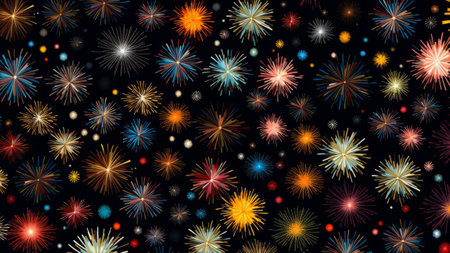 colorful fireworks on black background, flat illustration.の素材