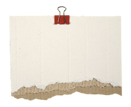 Torn Cardboard With Red Clip Isolated On White Backgroundの写真素材