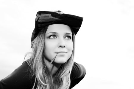 Young Woman Looks At The Skyの写真素材