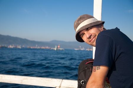 Man sailing on a boatの写真素材