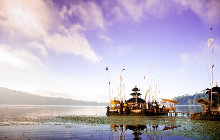 Bali Pura Ulun Danu Bratan Water Temple decorated for the ceremonyの写真素材