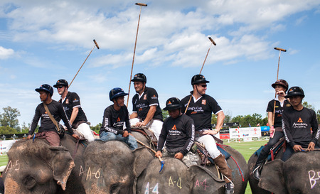 HUA HIN, THAILAND - AUGUST 28: Unidentified polo players at  elephant polo games during the 2013 King 's Cup Elephant Polo match on August 28, 2013 at Suriyothai Camp in Hua Hin, Thailand.のeditorial素材