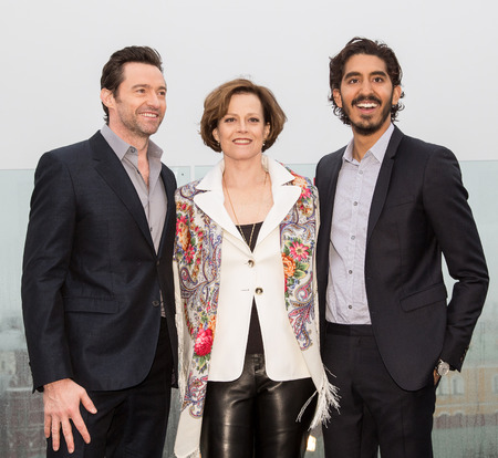 MOSCOW, RUSSIA, MARCH, 01: Hugh Jackman,S.Weaver,D.Patel. Photo-call of the movie 'Chappie', March, 01, 2015 at RITZ HOTEL in Moscow, Russiaのeditorial素材