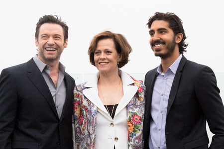 MOSCOW, RUSSIA, MARCH, 01: Hugh Jackman,S.Weaver,D.Patel. Photo-call of the movie 'Chappie', March, 01, 2015 at RITZ HOTEL in Moscow, Russiaのeditorial素材