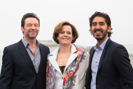 MOSCOW, RUSSIA, MARCH, 01: Hugh Jackman,S.Weaver,D.Patel. Photo-call of the movie 'Chappie', March, 01, 2015 at RITZ HOTEL in Moscow, Russiaのeditorial素材