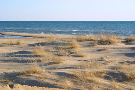 Beach with grass and shadows of duskの写真素材