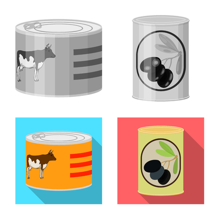 Vector illustration of can and food sign. Set of can and package stock symbol for web.のイラスト素材